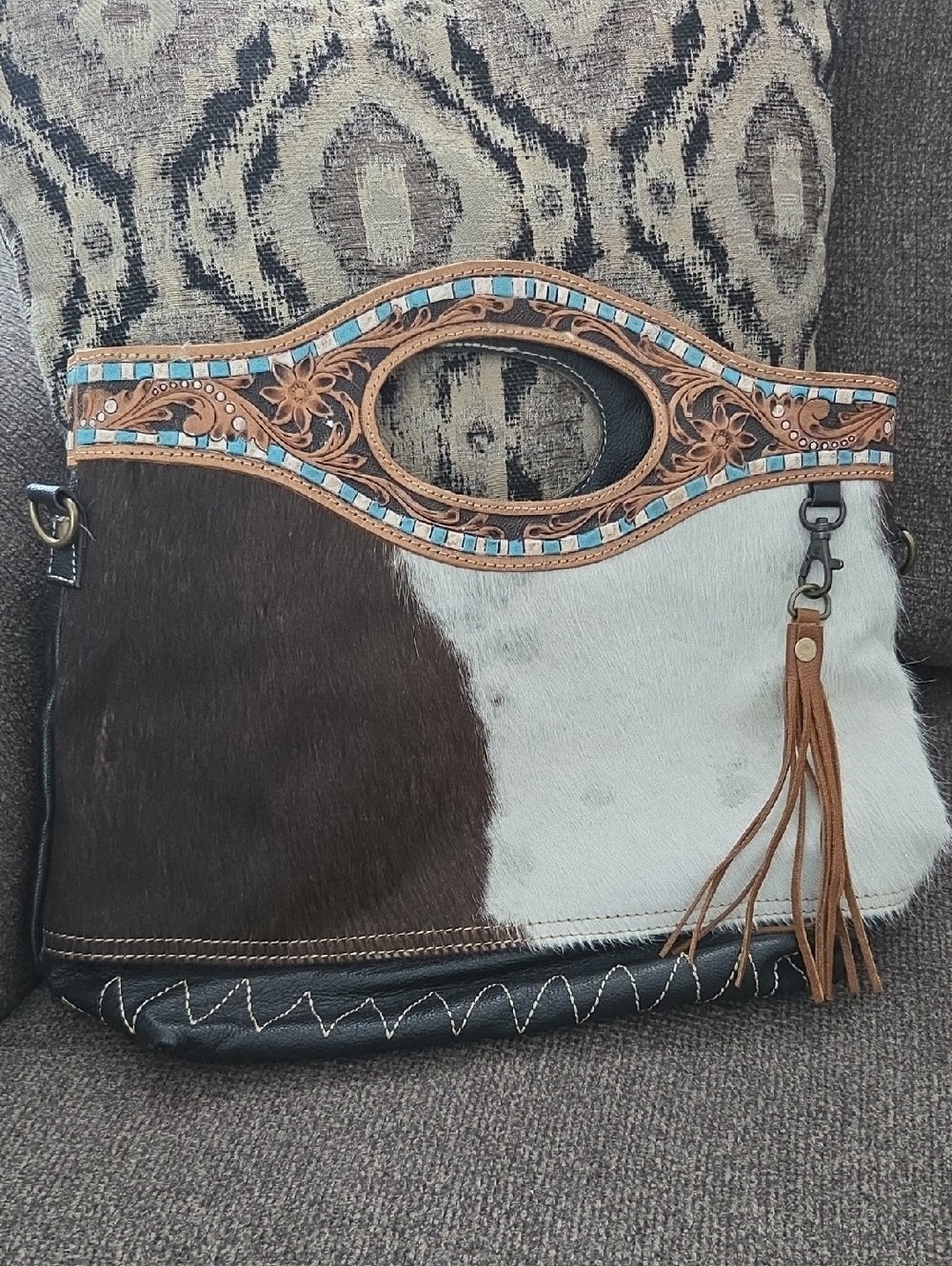 Handcrafted Brown & White Cowhide Leather Tote with Turquoise Accent
